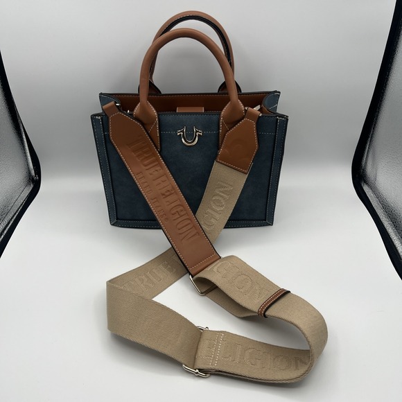 True Religion Womens Tote Bag Suede Navy Blue Brown Detachable Strap Lined - Picture 3 of 10
